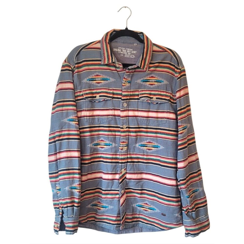 True Grit Blue Superior Standard Striped Aztec Print Button-Down Shirt Size L
